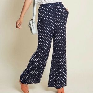 ModCloth S Blue White Wide Leg Polka Dot Pants